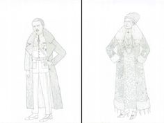 two drawings of the same man and woman in different outfits