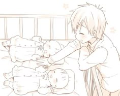 a drawing of a young boy playing with stuffed animals in his crib while another child looks on