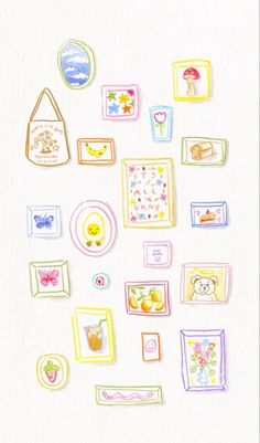 a drawing of many different items on a white surface