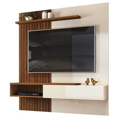 a flat screen tv mounted to the side of a wooden wall with shelves below it