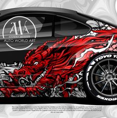 the side of a car painted with red and white designs