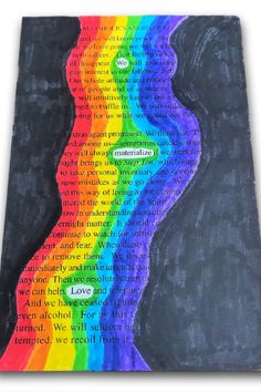 a painting with words written on it and a rainbow wave in the middle, as well as an image of a woman's body