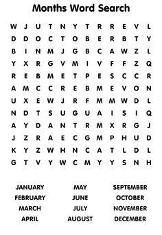 the months word search is shown in black and white