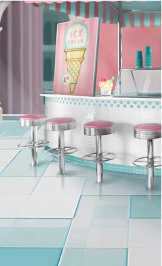 an ice cream shop with pink stools and blue tile flooring in front of the counter