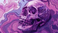 a painting of a purple skull on a pink background