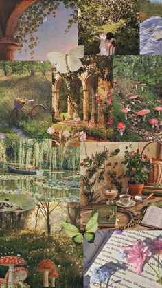 a collage of pictures with flowers, trees, and plants in them is shown