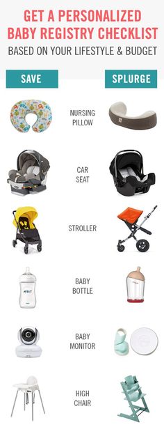 baby items are shown with the text get a personalized baby registry checklist based on your life style and budget