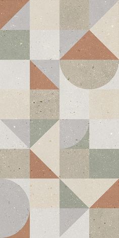 an abstract geometric pattern with different colors and shapes on the concrete floor, in shades of gray, orange, green, beige and grey