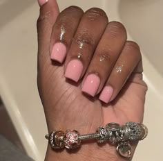 Black And Gold Nails Simple Shorties Nails, Pink Mani And Pedi, Short Poly Gel Nails, Pink Overlay Nails, Nails Short Tapered Square, Acrylic Overlay Nails Short, Classy Square Nails, Basic Acrylic Nails, Y2k Nails Short