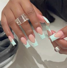 Mint Green Nails, Mint Nails, French Tip Acrylic Nails, Short Acrylic Nails Designs, Square Acrylic Nails, Fire Nails, Dope Nails, Best Acrylic Nails, Square Nails