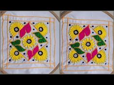 two pictures of embroidered flowers on white fabric with orange and yellow trims, one has green leaves and the other is pink and yellow