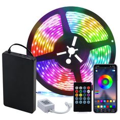 an image of a colorful led strip light with remote control and chargeable power source