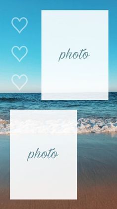 two frames with hearts and the words photo on them in front of an ocean background