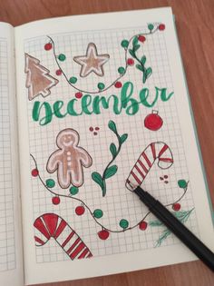 Christmas Calender Design, Christmas Drawing Ideas Aesthetic, Christmas Sketchbook Ideas, Christmas Drawings Aesthetic, December Title, December Journal Ideas, December Bujo, December Journal