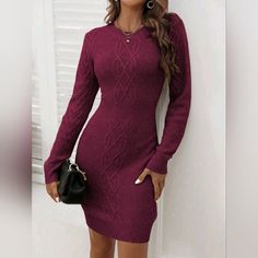 New Chic Cable Knit Bodycon Sweater Dress * Long Sleeve * Ribbed Knit Trim * Round Neckline * Ribbed High Waist * Short Fitted Pencil Skirt * Soft Stretch Pullover *Approximate Unstretched Measurements* Xs (2) * Bust 32.25"(Up To 34") * Waist 24.25" (Up To 26") * Hip 31.5"(Up To 35.75") * Length 34.25" Small (4) * Bust 34"(Up To 35.5") * Waist 26" (Up To 27.5") * Hip 33"(Up To 37.5") * Length 35.25" Medium (6) * Bust 35.25"(Up To 37") * Waist 27.5" (Up To 29") * Hip 34.5"(Up To 39") * Length 36" Burgundy Mini Dress For Winter, Elegant Fitted Cable Knit Sweater Dress, Elegant Burgundy Bodycon Dress For Fall, Capsule Wardrobe Holiday, Holiday Capsule Wardrobe, Sweater Dress Long, Wine Purple, Bodycon Sweater Dress, Bodycon Sweater