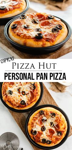 three pizzas sitting on top of pans with the words copycat pizza hut personal pan pizza