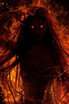 a woman with long hair and glowing eyes standing in front of an orange fire background