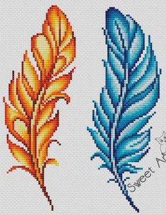 two cross stitched leaves are shown in blue and orange colors, one is yellow