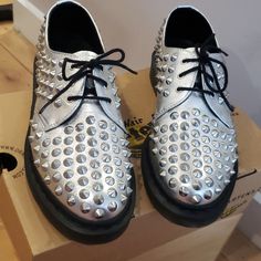 Rare, Excellent Nearly New Condition Harlen Dr Martens Oxfords In Silver With Silver Studs/Spikes. Size 8 U.S. Ladies. With Box. Tags: #Punk #Spiked #Spikes #Studs #Grommets #3-Eye #Oxfords #Lowtops #1461 #Bex Studs And Spikes, Color Therapy, Dr. Martens, Silver Studs, Flat Shoes Women, Loafer Flats, Oxford, Loafers, Like New