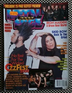 the front cover of metal and glam magazine with an image of two people on it