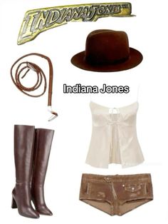 the indiana jones costume is shown with boots, hat and belted shorts on display