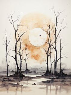 a painting of trees and water with the moon in the background