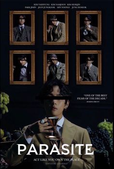 a movie poster for the film parasite with an image of a man holding a cup