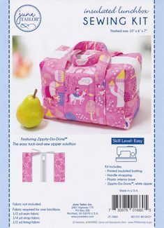 the sewing kit includes a pink bag with unicorns on it and a pear next to it