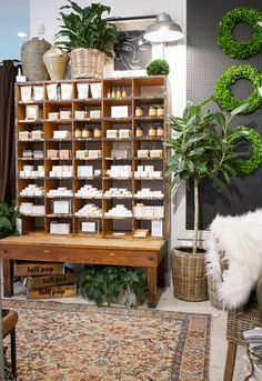 a room filled with lots of plants and boxes on the wall next to a rug