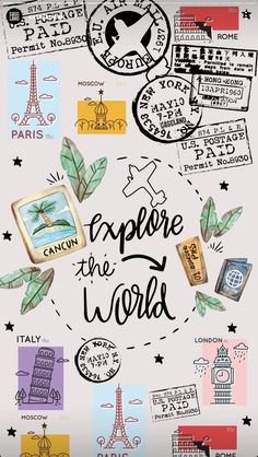 a poster with the words explore the world written in different languages and pictures on it