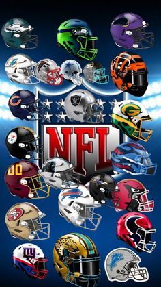 the nfl logo surrounded by many different helmets