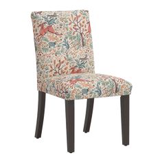 an upholstered chair with a floral pattern on it's back and legs