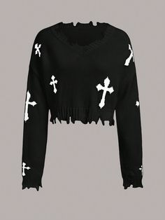 Plus Size Women's Autumn & Winter Cross Pattern Frayed Hem Drop Shoulder Casual Pullover Sweater Black Casual  Long Sleeve Knitwear Colorblock,Geometric Pullovers Slight Stretch  Women Plus Clothing, size features are:Bust: ,Length: ,Sleeve Length: Black Graphic Print Sweater For Winter, Black Harajuku Winter Sweater, Skull Print Sweater, Grunge Skull Sweater, Black Long Sleeve Sweater With Skull Print, Casual Pullover Sweater, Drop Shoulder Sweaters, Hooded Sweatshirt Men, Plus Size Sweaters