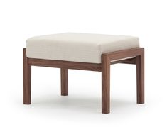 a wooden bench with a white cushion on it's back and legs, against a white background