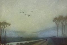 a painting with trees and birds flying in the sky over a road that has snow on it