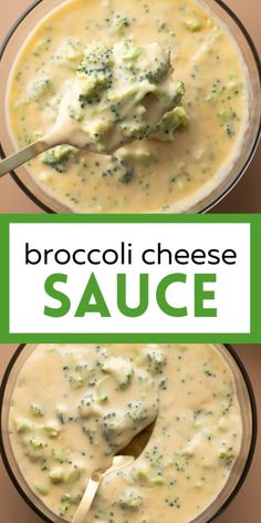 broccoli cheese sauce in two bowls with a spoon and green border around the bowl