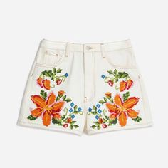 Your Go-To Piece For Creating Meaningful Moments Of Pure Joy. The Embroidered Floral Twill Shorts Are Here To Make You Feel Chic Yet Cool With Its Versatile Pockets And A Far-From-Ordinary Embroidered Work, All In The Easiest Silhouette To Step Into Summer Reintroducing Your Legs To Warm Days. Your New Wardrobe Staple Matches Solar Tops, Fresh Shoes From Sandals To Flip-Flops, And Colorful Artisanal Accessories. Easy Fit Zip Fly + Button Closure At Center Front Patch Pockets Back Pockets Belt Lo Embroidered Relaxed Fit Bottoms For Summer, Summer Cotton Bottoms With Floral Embroidery, Fitted Floral Embroidery Bottoms For Summer, Fitted Floral Embroidered Bottoms For Summer, Summer Floral Embroidered Cotton Bottoms, Fitted White Embroidered Bottoms, White Floral Embroidery Bottoms For Spring, High-waisted Shorts With Floral Embroidery For Spring, Casual White Shorts With Floral Embroidery