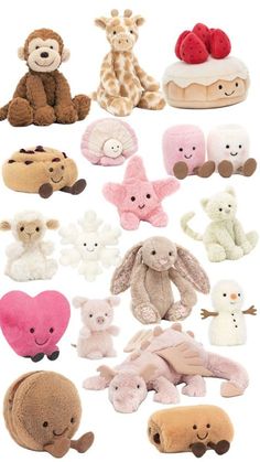 many stuffed animals are arranged together on a white background