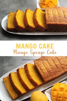 mango cake with slices cut out on plates