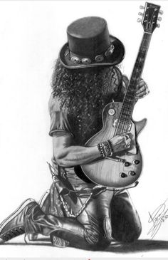 a pencil drawing of slash the kid with his guitar