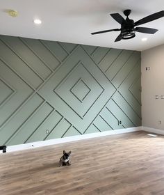 a cat sitting on the floor in an empty room with green walls and ceiling fan