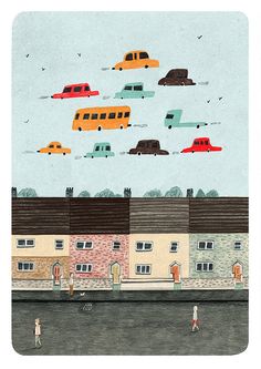 an illustration of people walking on the sidewalk in front of some houses with cars flying over them