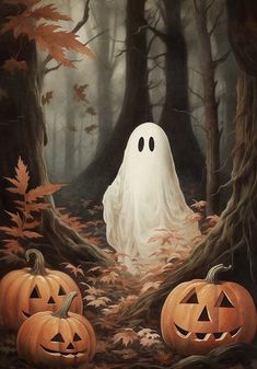 a painting of two pumpkins and a ghost in the woods