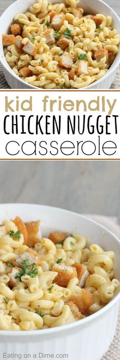 two pictures of chicken nugget casserole with text overlay