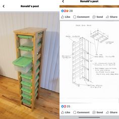 a wooden shelf with green bins on top of it next to a drawing of drawers