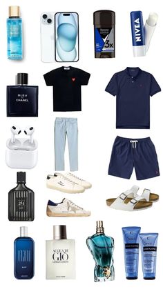 an assortment of men's personal items including shoes, t - shirts and perfume bottles