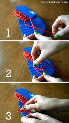 the instructions for how to make a flip flop sandal with string and beads on it