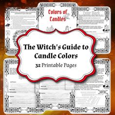 the witch's guide to candle colors printable pages for kids and adults, with an orange background