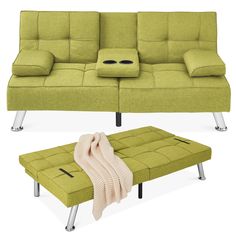 a green couch and footstool sitting next to each other