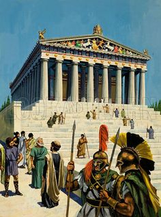 a painting of people standing in front of a building with columns and pillars on it